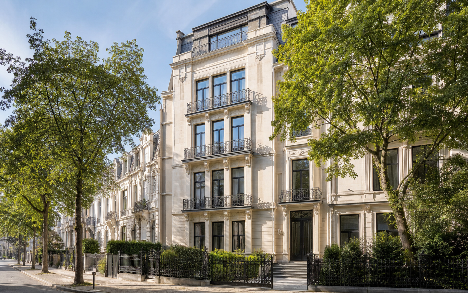 Elegant cream-stone townhouse on a leafy street in Ixelles